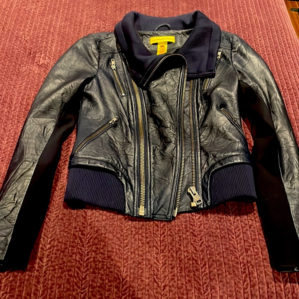 Catherine Malandrino nay blue leather jacket